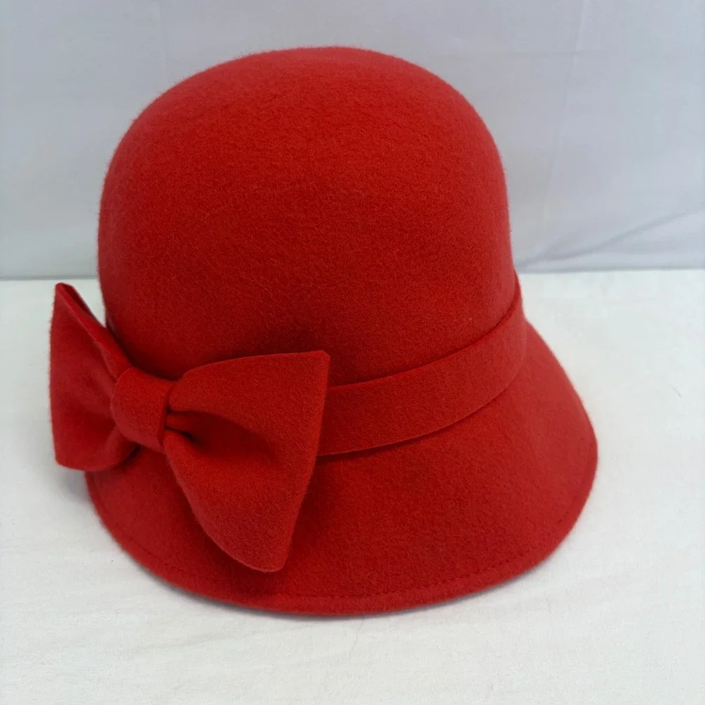 Kate‎ Spade New York Wool Felt 1920s style Cloche Bucket Hat Red Bow